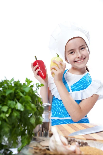 Little chef cook dancing with Bell Pepper — Stock Photo, Image