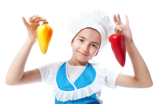 Piccolo chef felice cuoco con peperone — Foto Stock