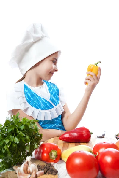 Happy little chef cook with Bell Pepper — Stock Photo, Image