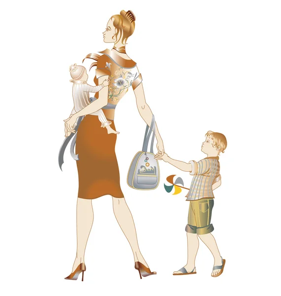 母亲和她子孙走 — 图库矢量图片