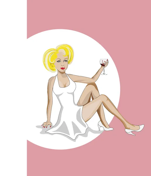 Sarışın bir kadın şarap ile — Stok Vektör
