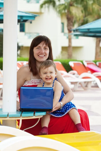 Happy mother and toddler with laptop — Stock Photo, Image