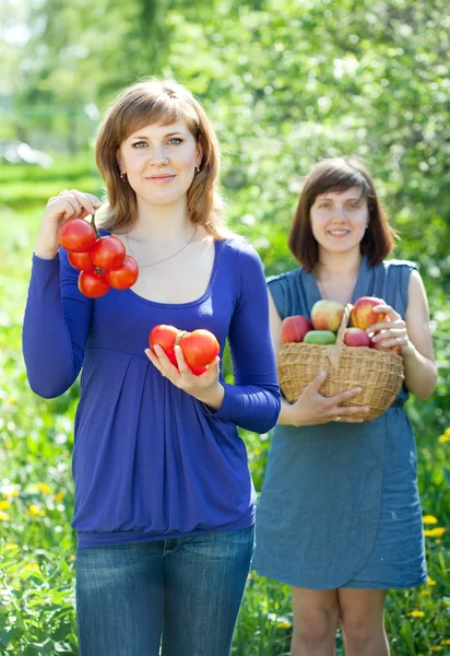 Happy women with harvest in orchard — Stock Photo, Image