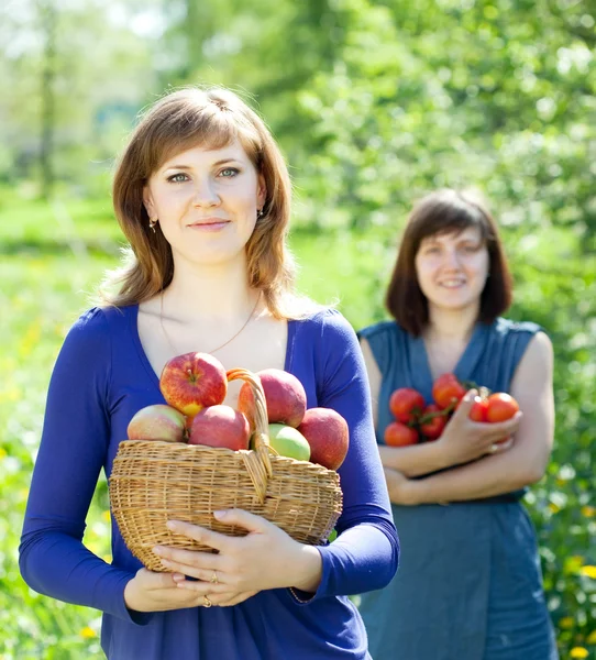 Дівчата з врожаєм яблук в саду — стокове фото