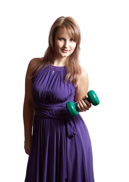 Young woman with barbell — Stock Photo, Image