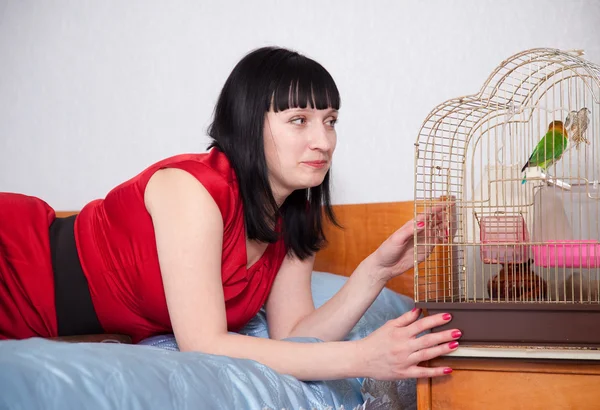 Mulher com papagaio em casa — Fotografia de Stock