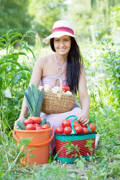 Šťastná žena s sklizené zeleniny — Stock fotografie