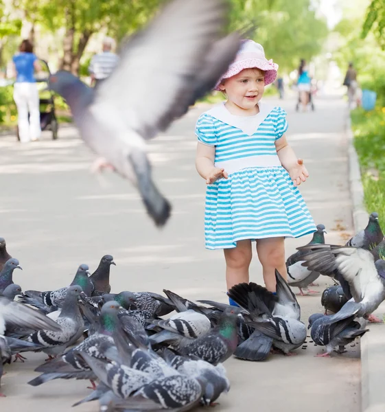 Menina de dois anos brincando com pombas — Fotografia de Stock
