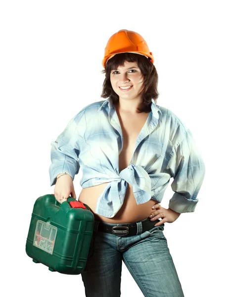 Jente i hard hatt med verktøykasse – stockfoto