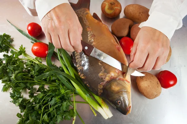 Cook cooking fish in kitchen — Stock Photo, Image