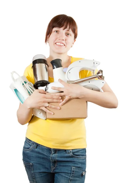 Kobieta z urządzeń gospodarstwa domowego — Zdjęcie stockowe