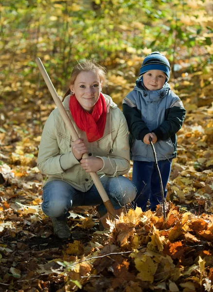 Žena se synem pracovat na podzim — Stock fotografie