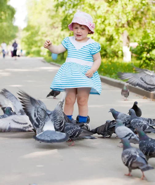 Menina de dois anos alimentando pombas — Fotografia de Stock