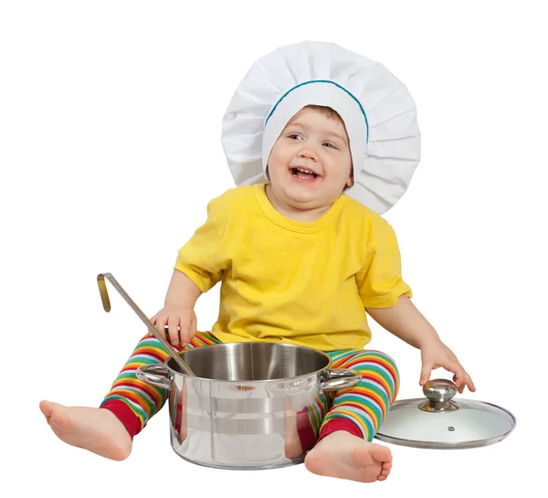 Baby cook in toque with pan. Isolated over white — Stock Photo, Image
