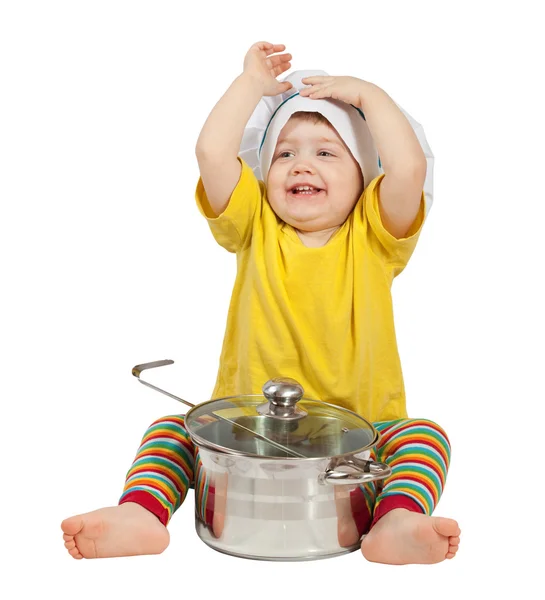 Bébé cuisinier en toque avec poêle. Isolé sur blanc — Photo