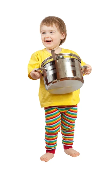 Baby cook med pan — Stockfoto