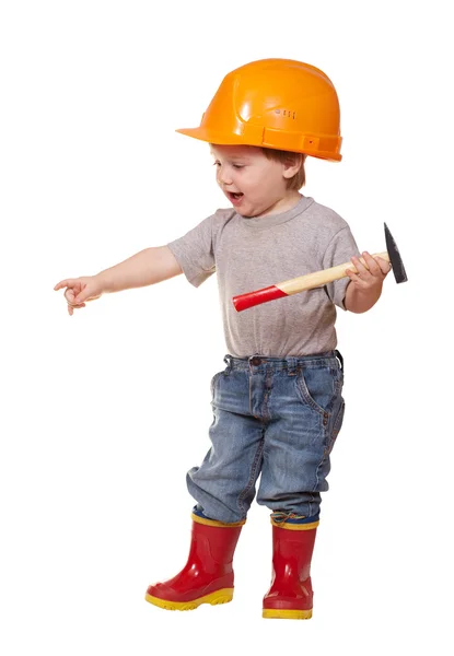 Criança de chapéu duro com martelo. Isolado sobre branco — Fotografia de Stock