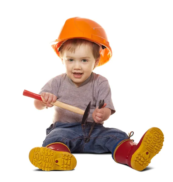 Toddler in hardhat with tools. Isolated over white — Stock Photo, Image