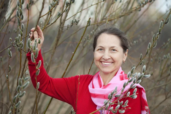 Woman in spring pussywillow plant — Stock Photo, Image