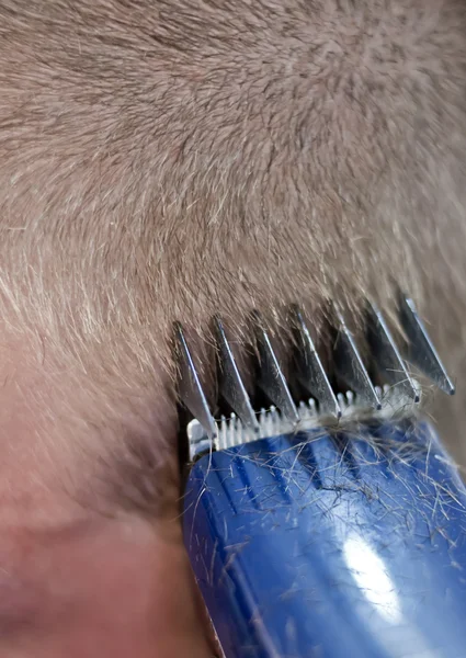 Friseur schneidet Haare mit Haarschneidemaschine — Stockfoto