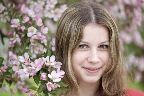 一个年轻女子在苹果园的盛开之时. — 图库照片
