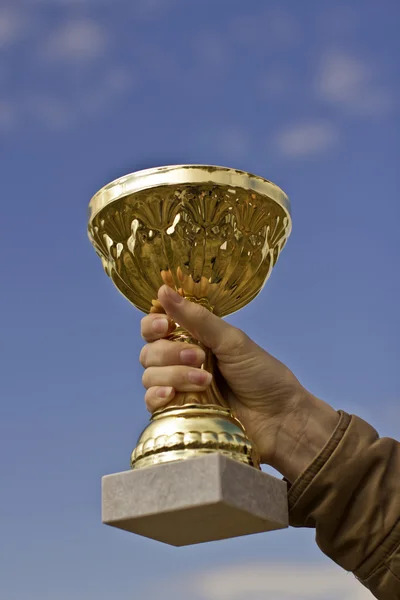 Hand met de winnaar trofee cup — Stockfoto