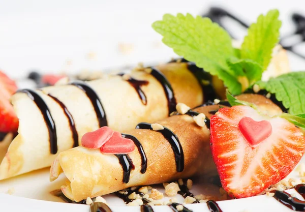 French crepes with chocolate sauce — Stock Photo, Image