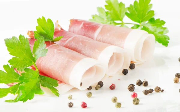 Slices of bacon and herbs — Stock Photo, Image