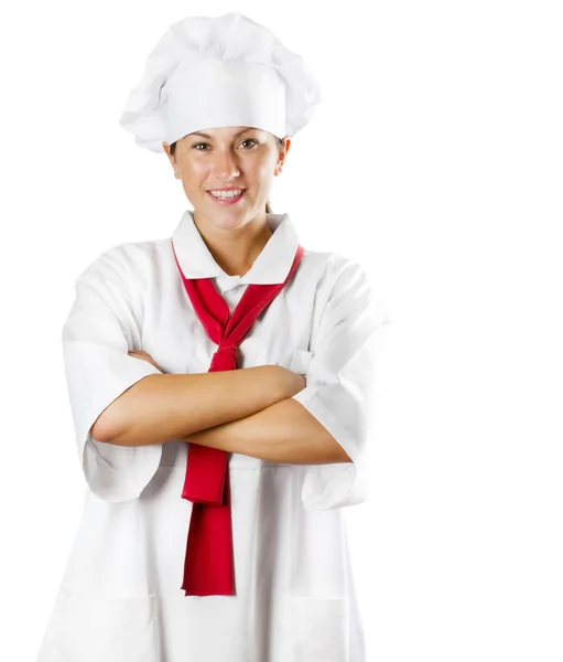 Fiatal nő chef elszigetelt fehér — Stock Fotó