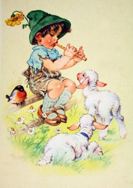 Boy playing a pipe two lambs clipart