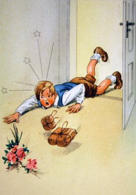 Boy with gifts fell at the entrance clipart