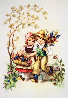 Children with flowers in their hands in the garden clipart