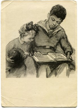 Black boy in a sailor reading a book form white girl