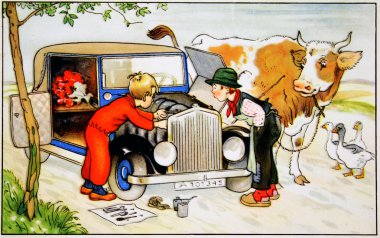 Country boy sees as a city boy repairing a car clipart