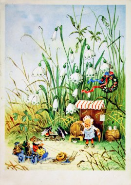 Dwarf near his home talking with mice who go on a wagon pulled b clipart