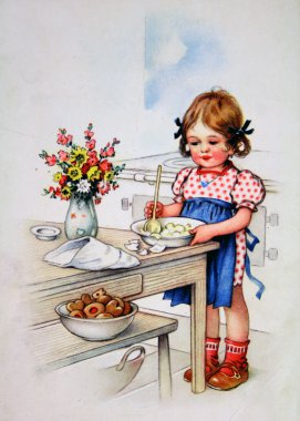 Girl coocking, antique postcard clipart