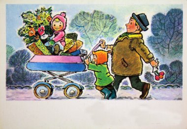 Man carries a stroller with children, gifts and flowers clipart