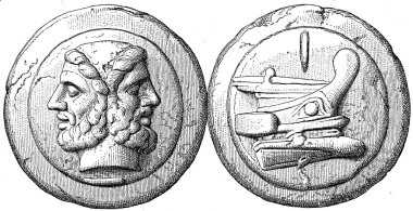 Head of Janus, the ship cast Roman coin As clipart
