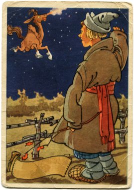 Illustration Constantine Rotov the tale Pyotr Yershov The Humpbacked Horse, 1958 clipart