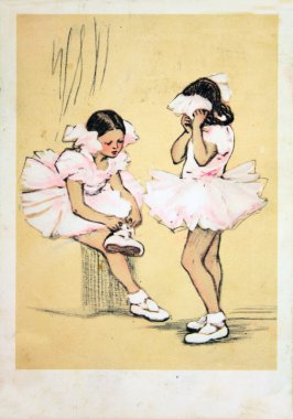 Reproduction of antique postcard shows Little Ballerinas clipart