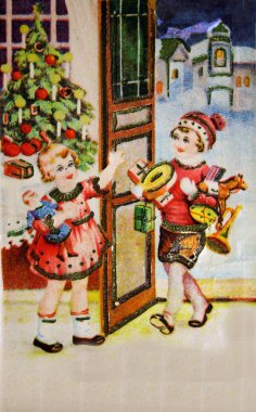 SWEDEN - CIRCA 1959: Greeting Christmas postcard printed in Sweden shows boy and girl with gifts, circa 1959 clipart