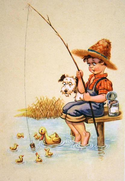 Boy fisher, antique postcard — Stock Photo, Image
