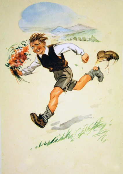 Chłopiec biegnie z bukietem kwiatów — Zdjęcie stockowe