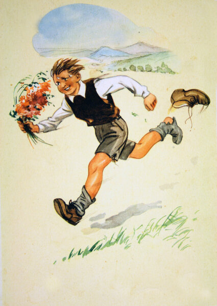 Boy runs with a bouquet of flowers