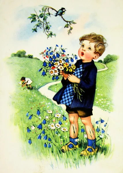野生の花を持つ少年 — ストック写真
