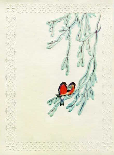 Artist Manilova - Two bullfinch sitting on icy branch — Stock Photo, Image