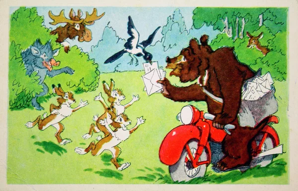 Bear-postman, antique postcard — Stock Photo, Image