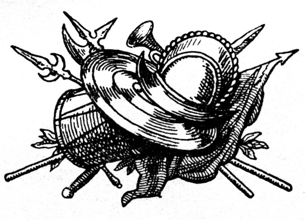 Bücherschoner mit Schwert, Speer, Banner, Schild, Trommel und Helm — Stockfoto