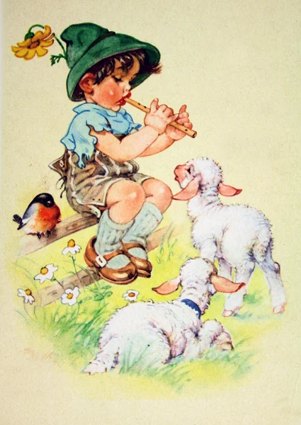 Boy playing a pipe two lambs — Zdjęcie stockowe