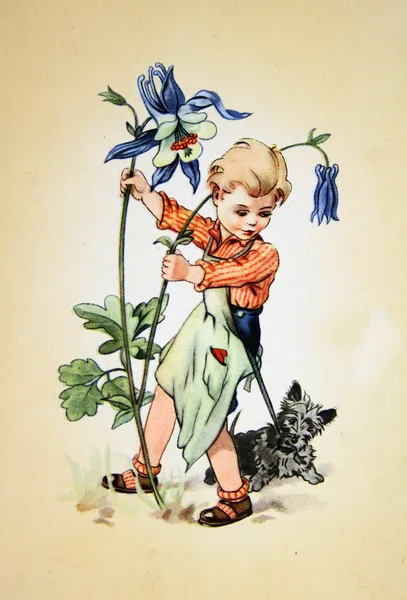 Αγόρι με ένα κουτάβι, παίζοντας με ένα τεράστιο λουλούδι — Φωτογραφία Αρχείου